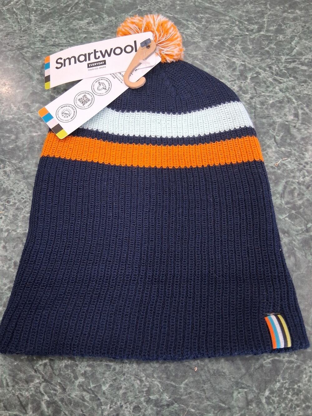 Smartwool Kids L/XL Merino Wool Stripe Pom Beanie Blue Navy Orange NWT
